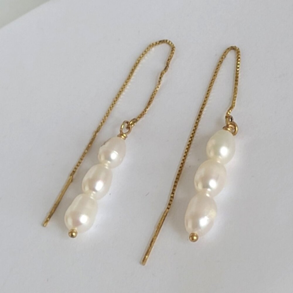 Gorgeous Boho Elegant Gold Plated Pearl Row Cluster Threader Drop Earrings